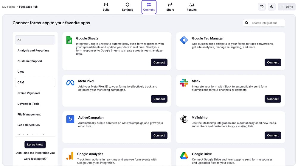 Open the ‘Connect’ section to access the integrations