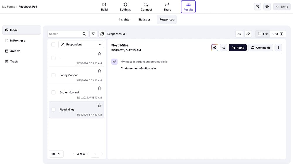 Click the ‘Results’ button to manage your form submissions