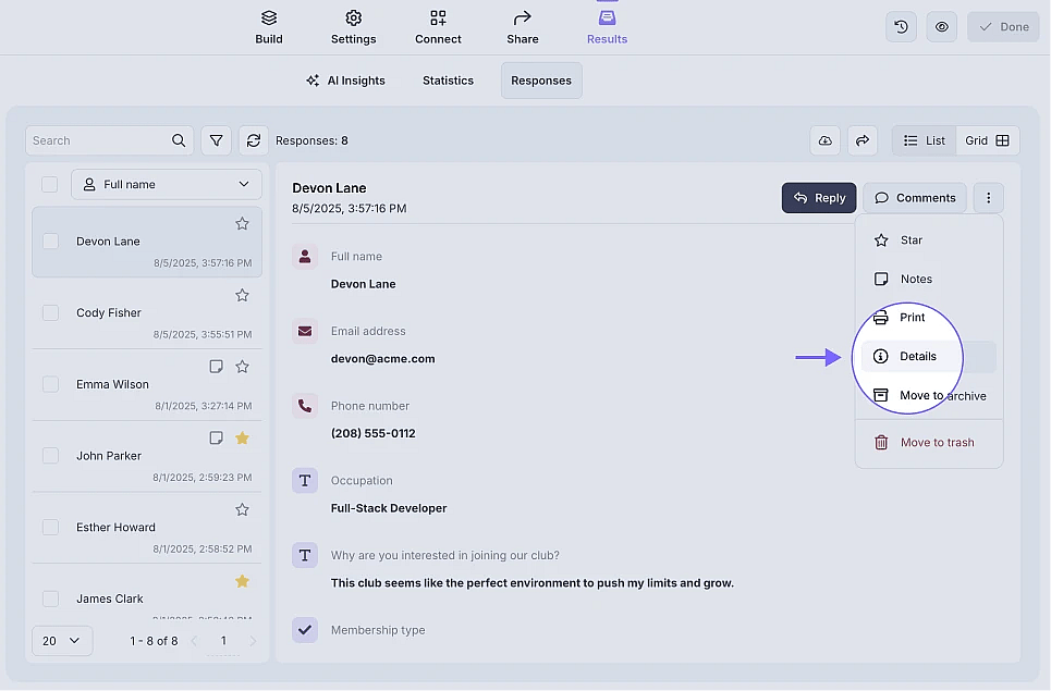 An image showing options under the three-dot menu within the response