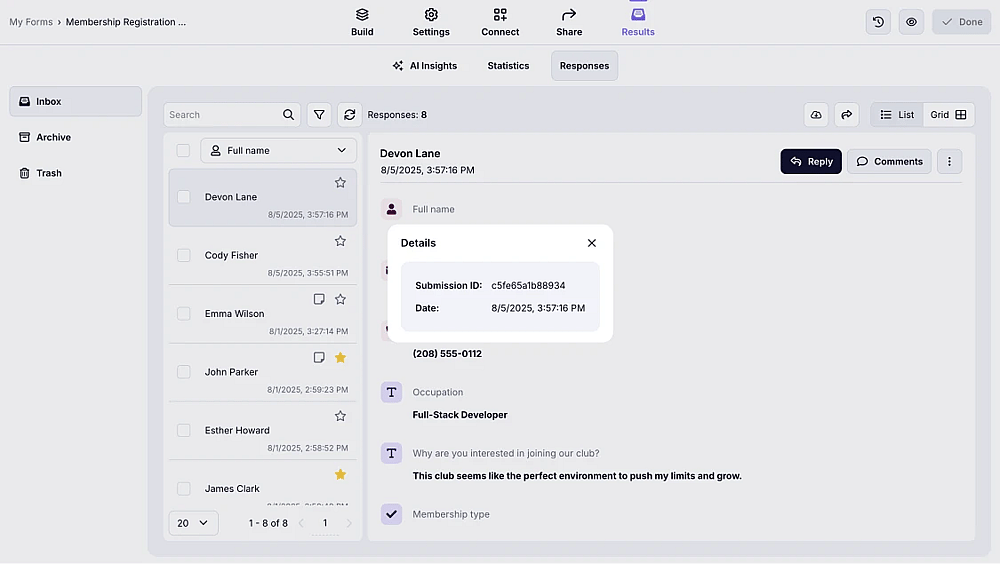 An image showing the pop-up page for the form details