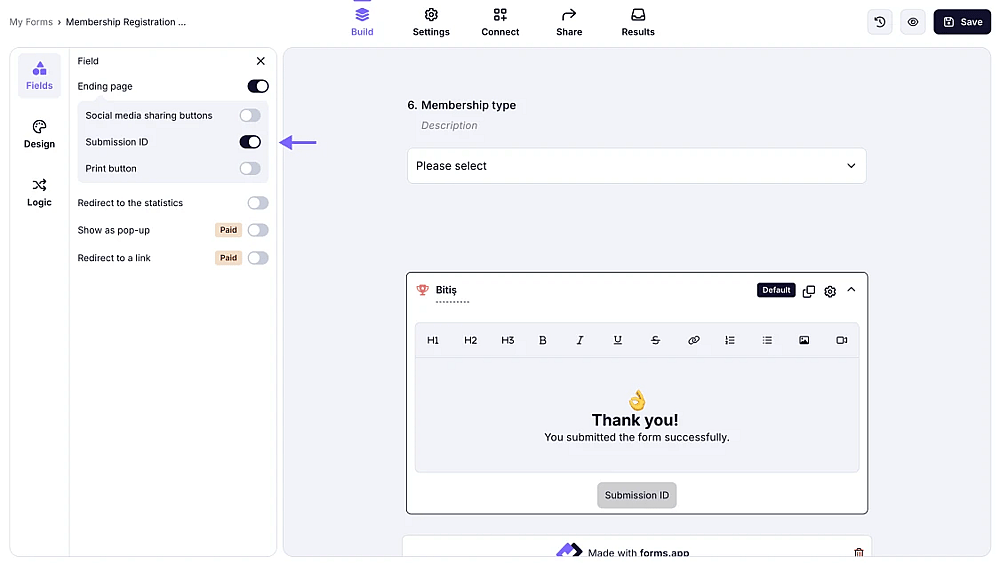 An image showing the submission ID switch under the ending page settings