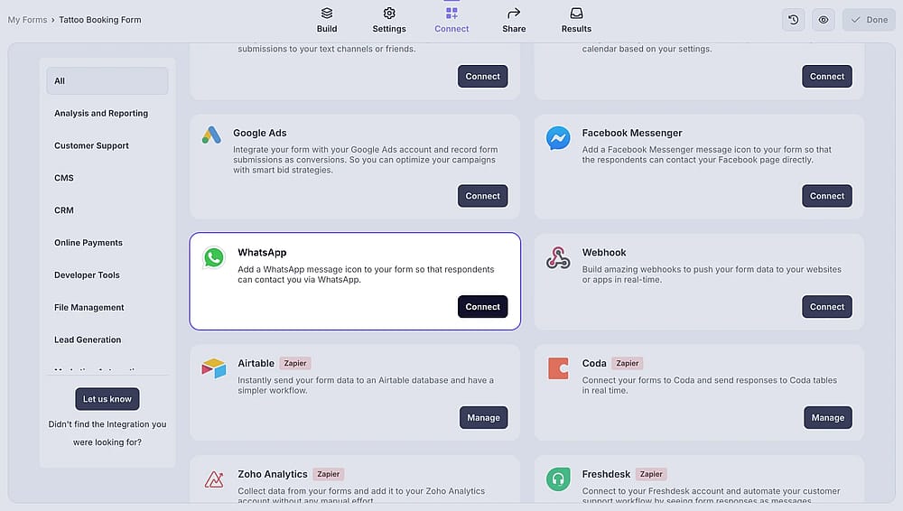An image showing the “WhatsApp integration” button, which you can easily find by accessing the “Connect” tab