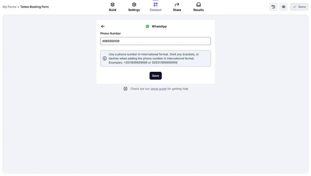 An image showing the page where you will need to enter your phone number, which is connected to WhatsApp, to start the integration