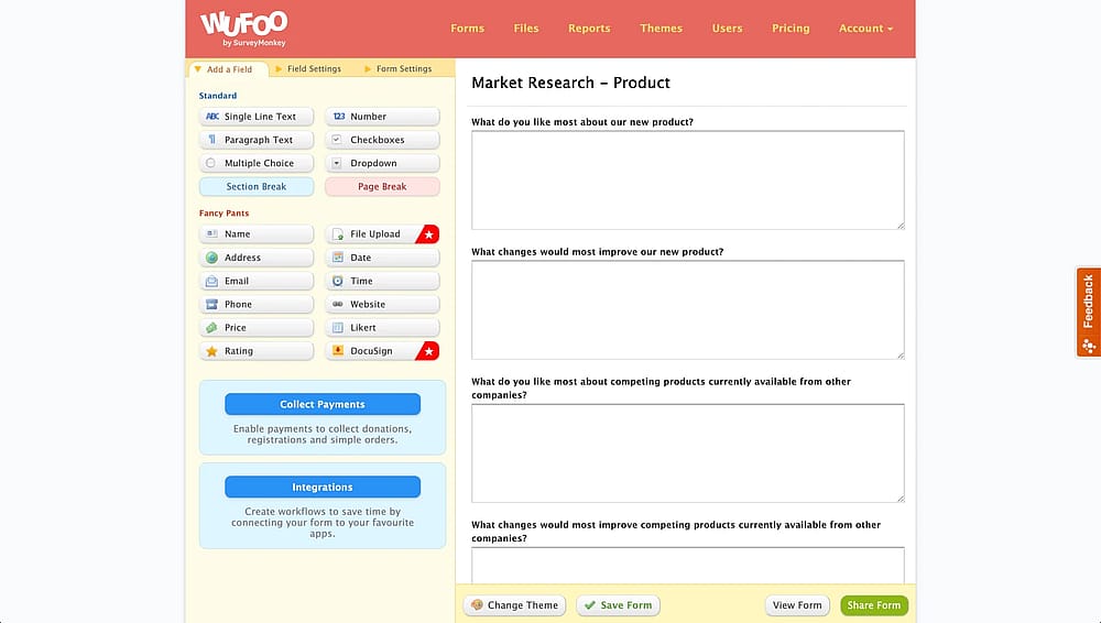 Espaço de trabalho do Wufoo