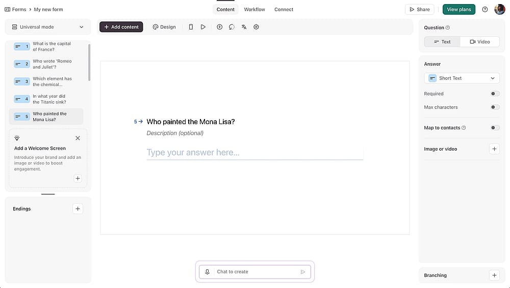 Espaço de trabalho do Typeform