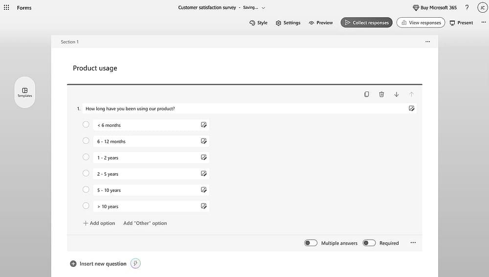 Espaço de trabalho do MS Forms