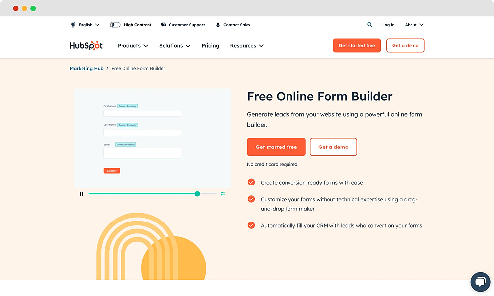 Homepage of Hubspot's form builder&nbsp;