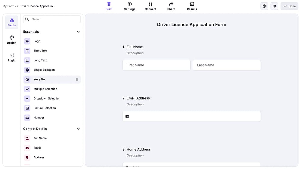 An image showing how you can add the “Yes/No” question to your form from the field menu on the left side