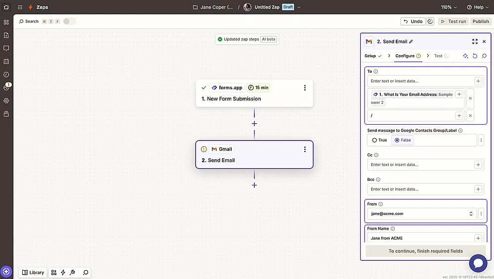 An image showing the “Configure” tab where you will need to match the form fields with the properties