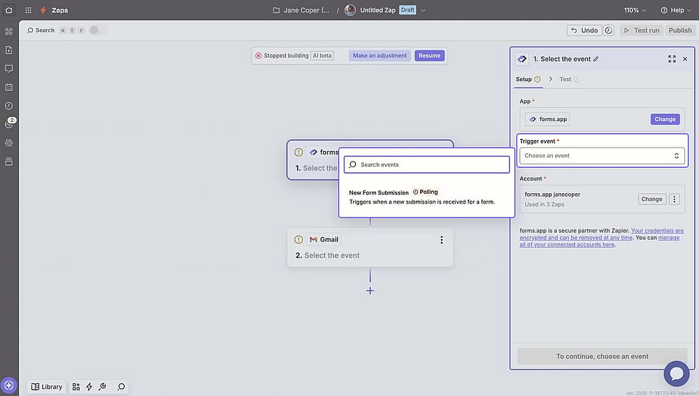 An image showing how you can set the “New Form Submission” as a trigger by firstly clicking the forms.app element in the editor screen