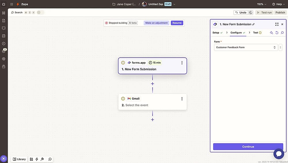 An image showing the “Configure” area, where you can select the forms.app form for your workflow