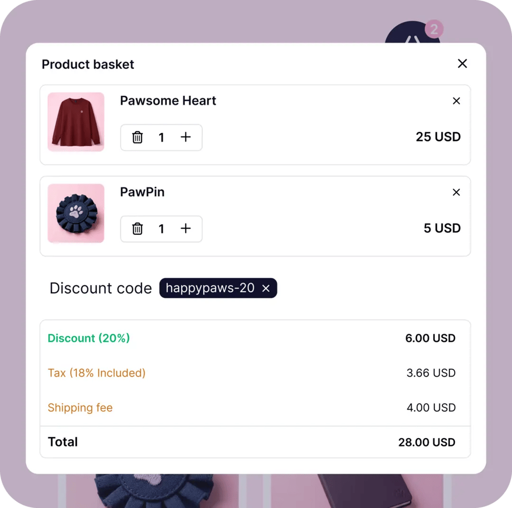 Discount, tax, and shipping fees included