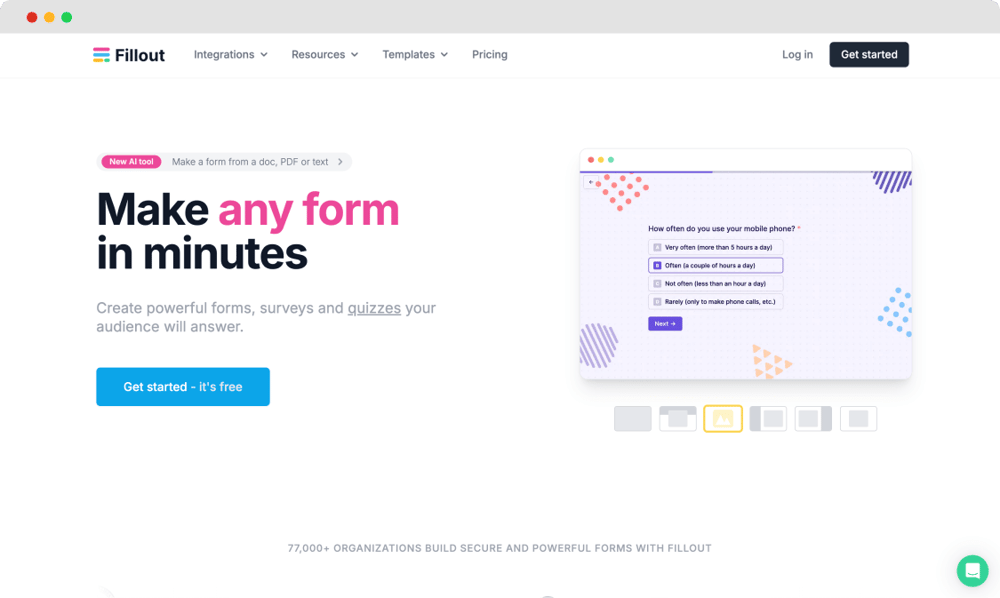 Fillout ana sayfası
