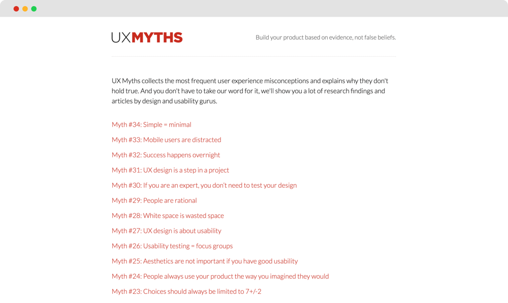Die Startseite von UX Myths