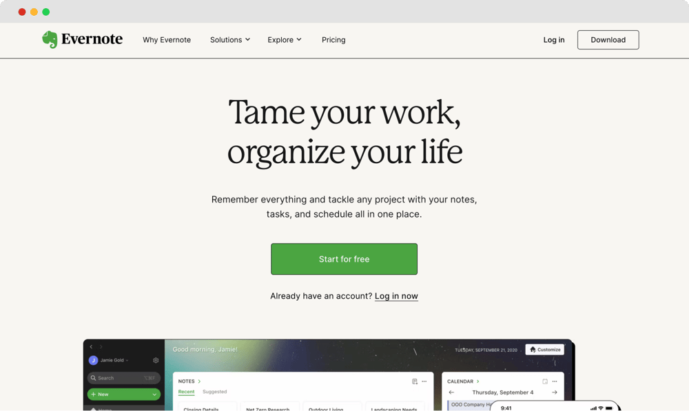 Die Startseite von Evernote