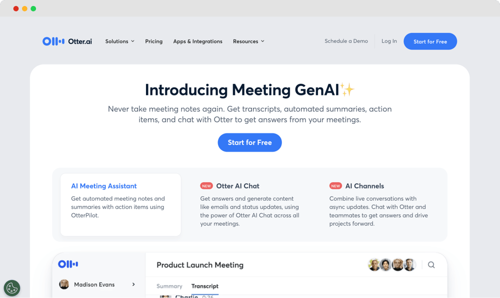 Die Startseite von Otter.ai
