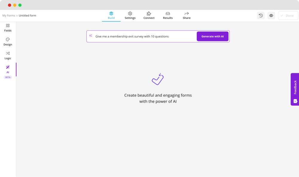 Gerar uma pesquisa de saída de associação com a IA do forms.app