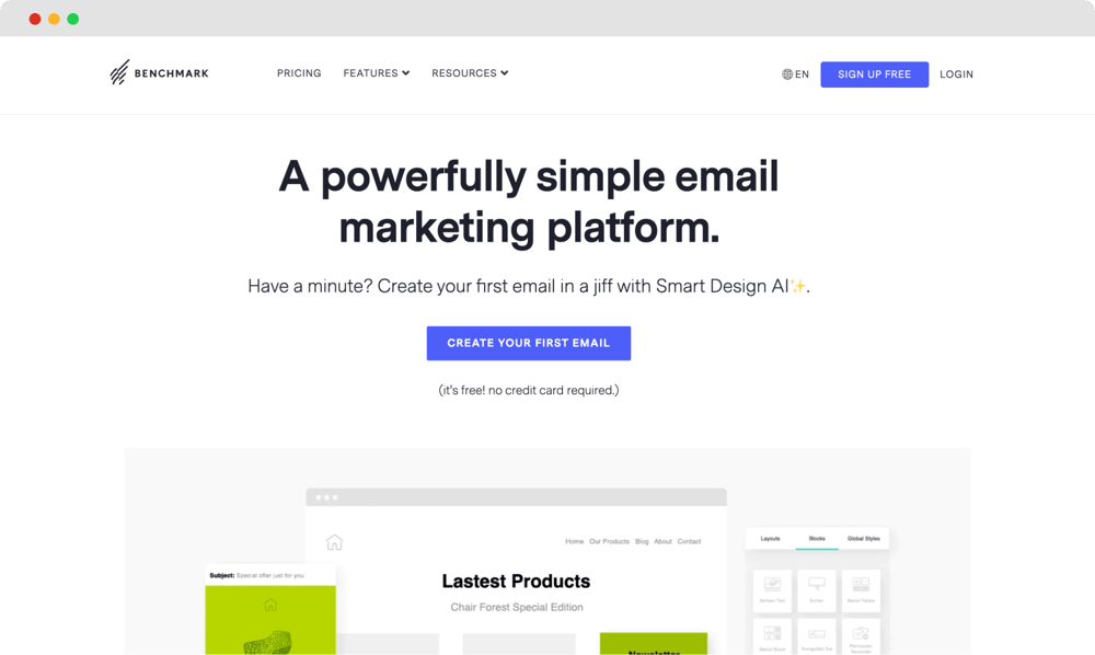 Die Homepage von Benchmark Email