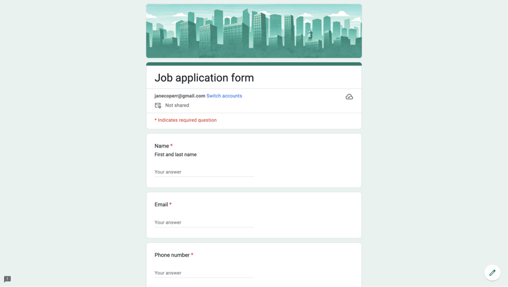 Job application form on Google Forms