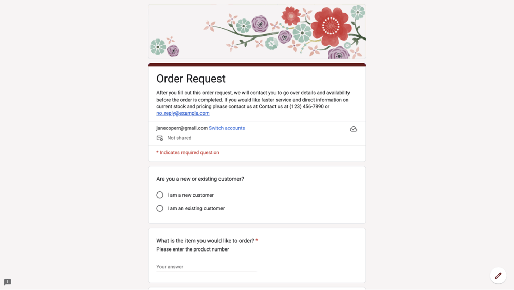 Order form on Google Forms