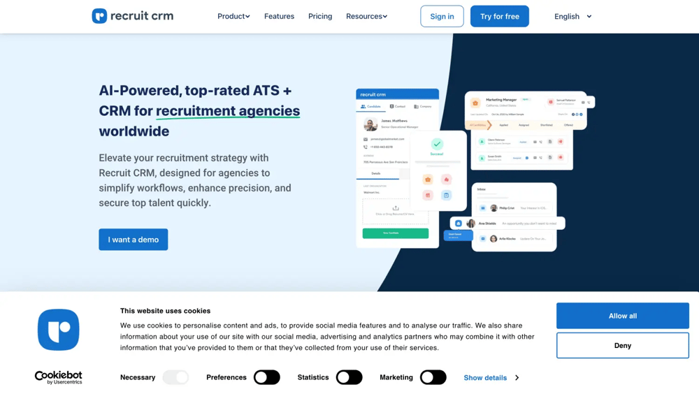 The homepage of Recruit CRM