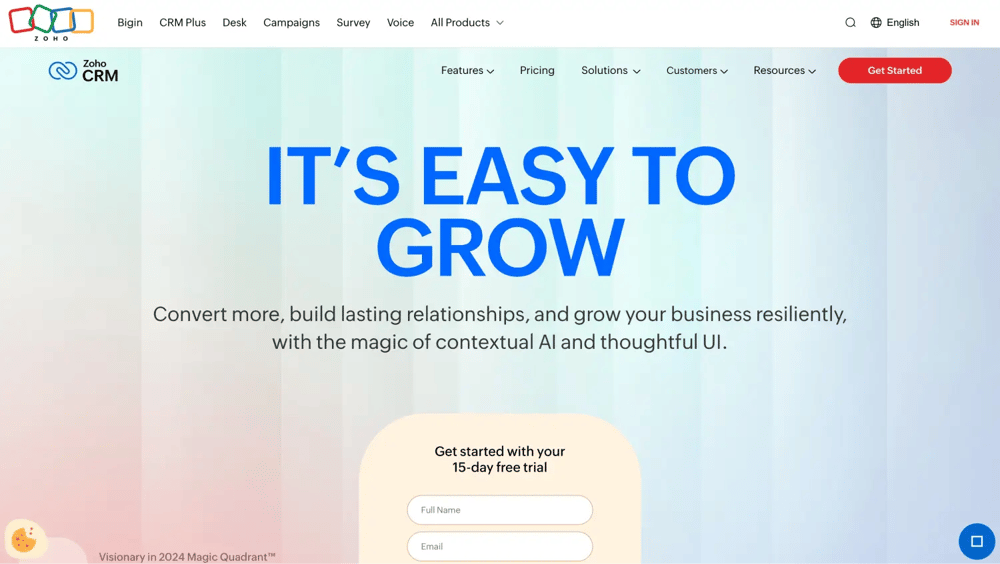 The homepage of Zoho CRM