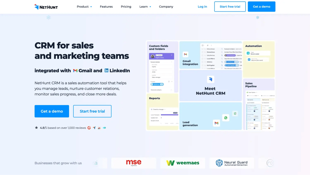 The homepage of Nethunt CRM