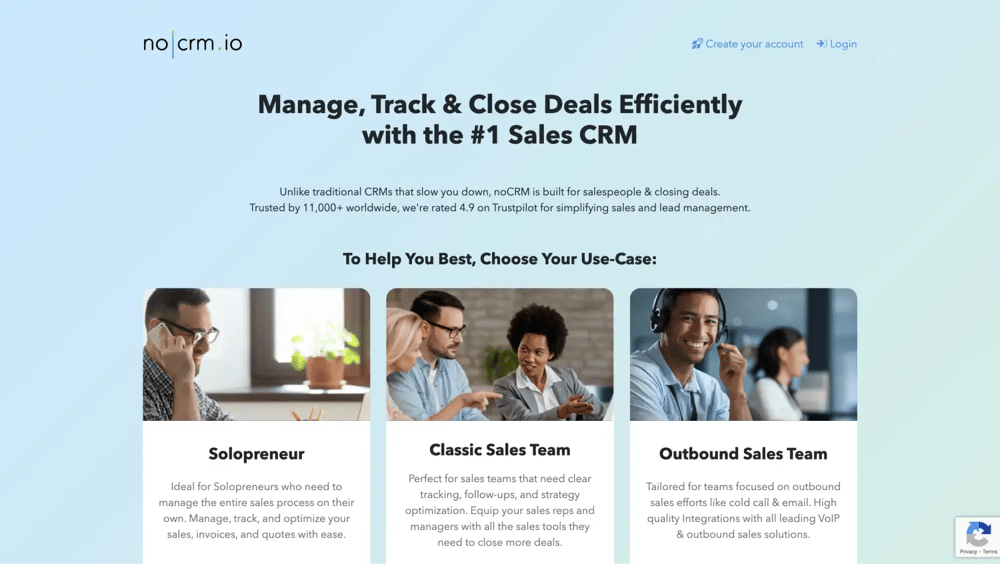 The homepage of noCRM.io