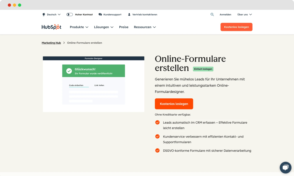 Die Homepage von HubSpot Forms