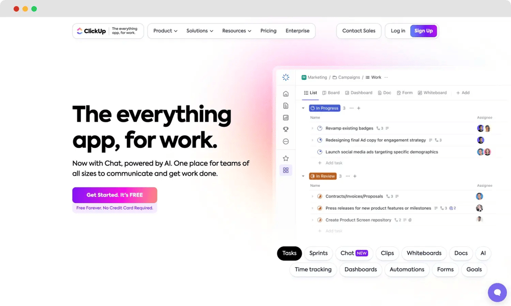 La página de inicio de ClickUp