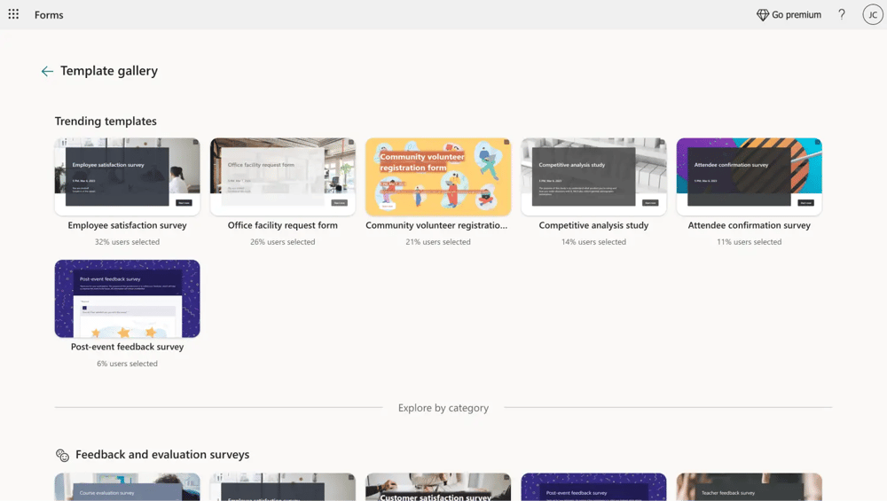 Vorlagengalerie von Microsoft Forms