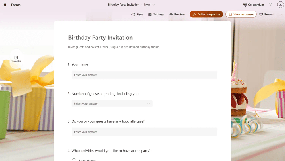 Einladung zur Geburtstagsfeier von MS Forms