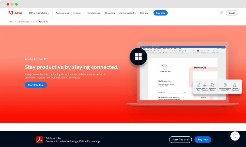 A página inicial da Adobe