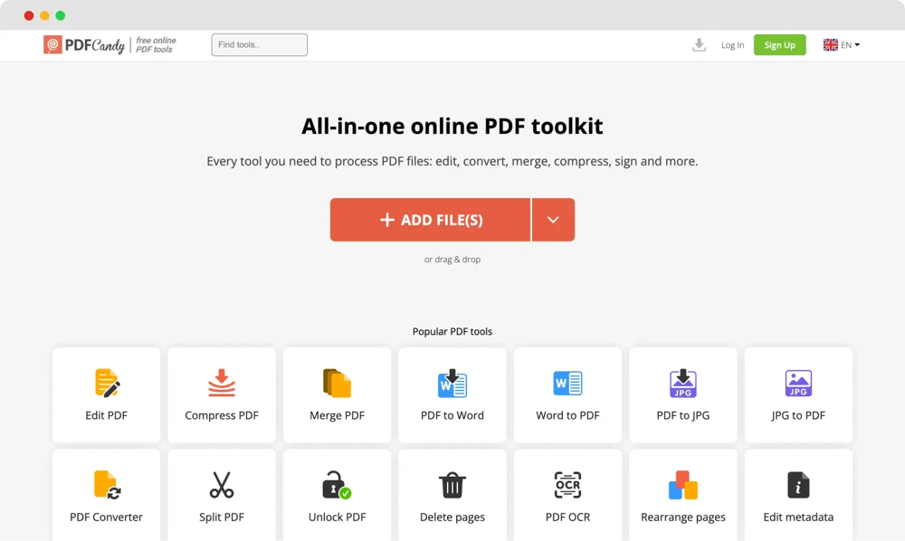 A página inicial do PDF Candy