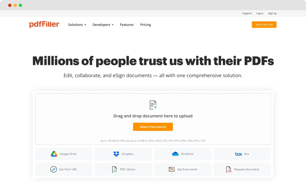 A página inicial do pdfFiller