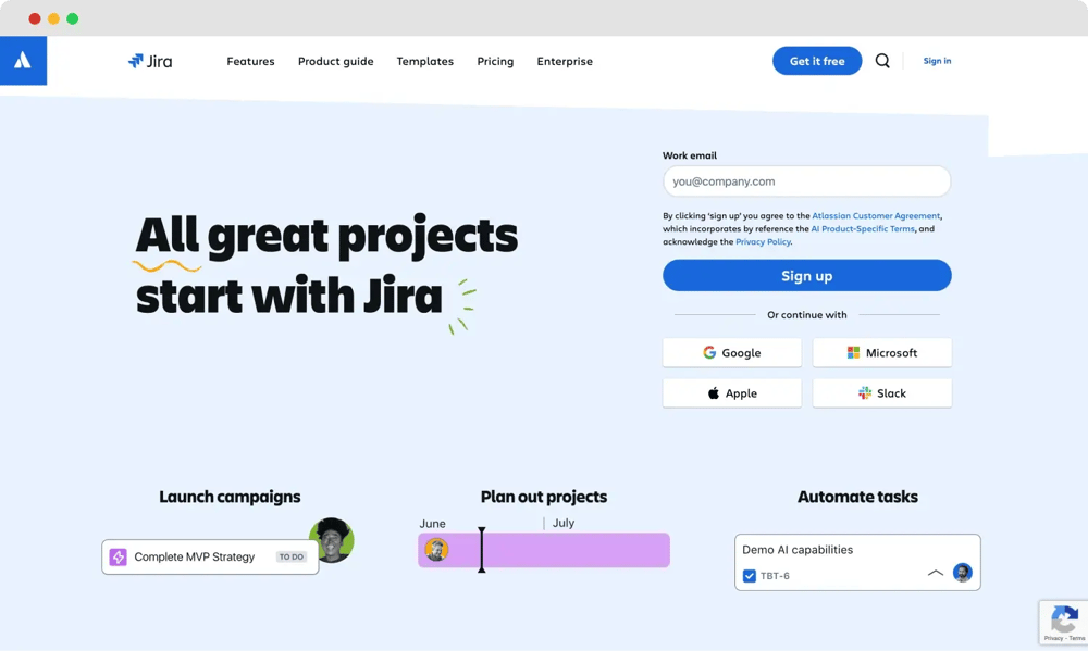 Jira'nın ana sayfası