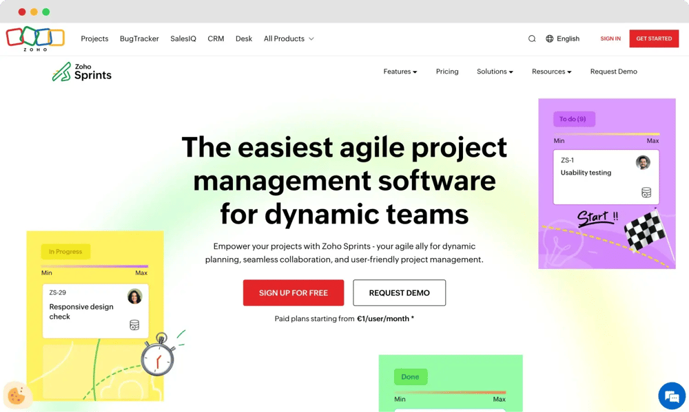 Zoho Projects'in ana sayfası