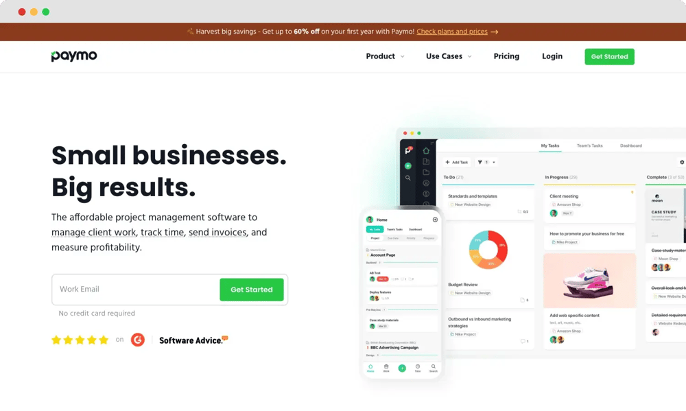 Paymo'nun ana sayfası