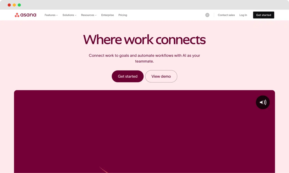 Asana'nın ana sayfası