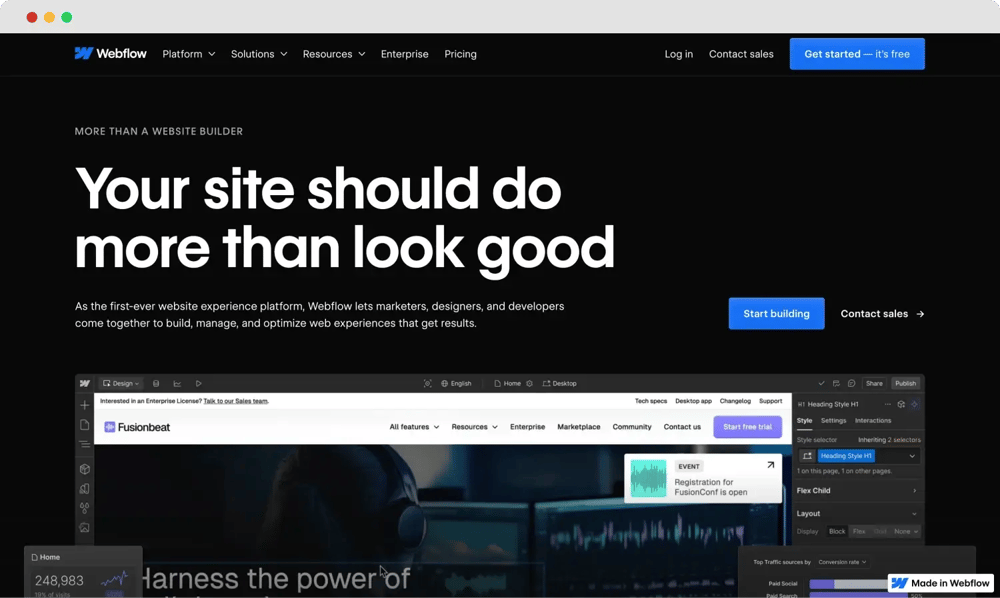 Homepage von Webflow