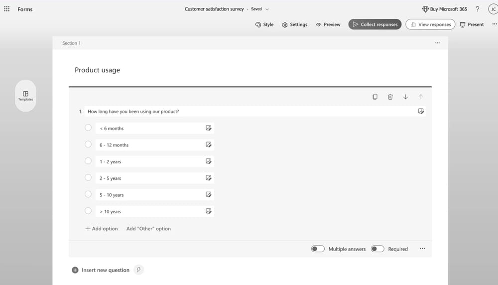 Workspace of Microsoft Forms
