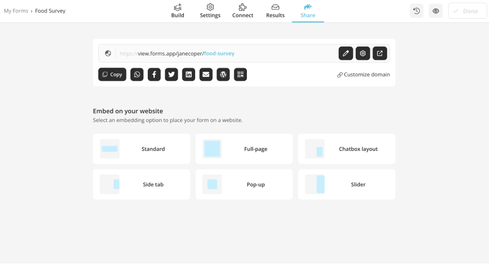 Share your survey or embed it on a web page