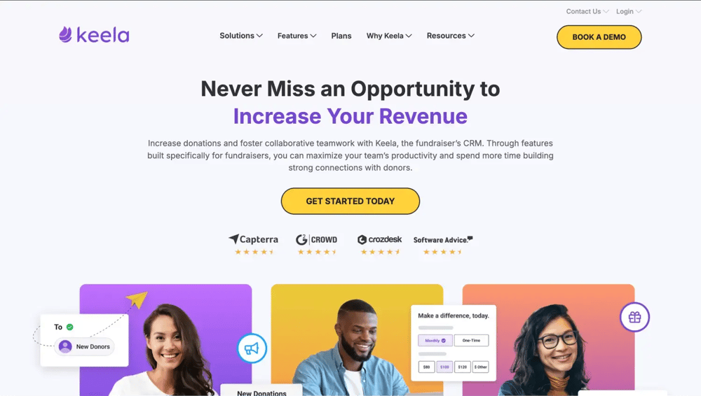 The homepage of Keela Nonprofit CRM