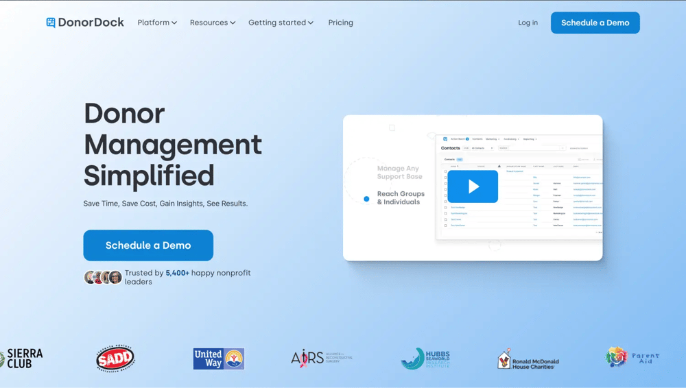 The homepage of DonorDock