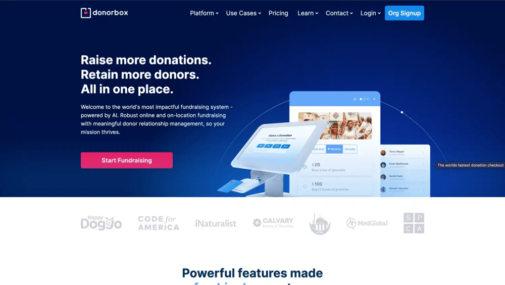 The homepage of Donorbox CRM
