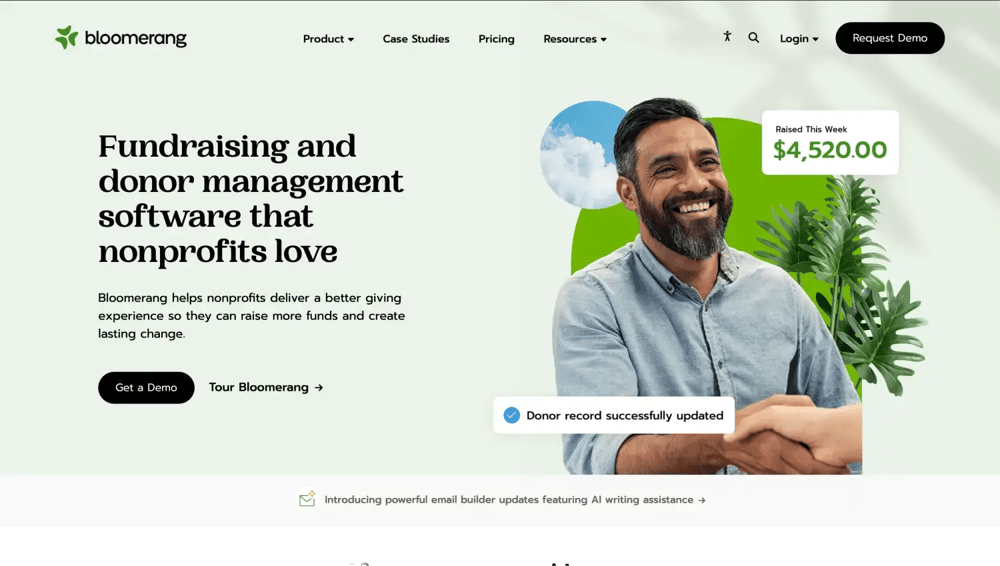 The homepage of Bloomerang CRM 