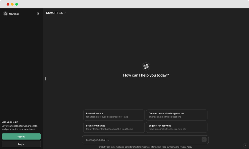 Die Homepage von ChatGPT