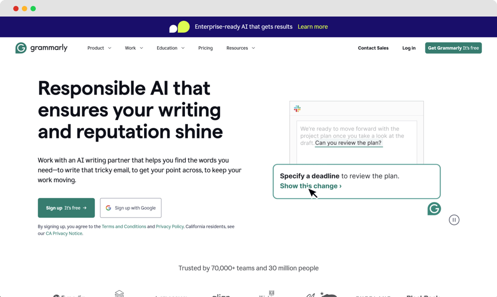 Die Homepage von Grammarly