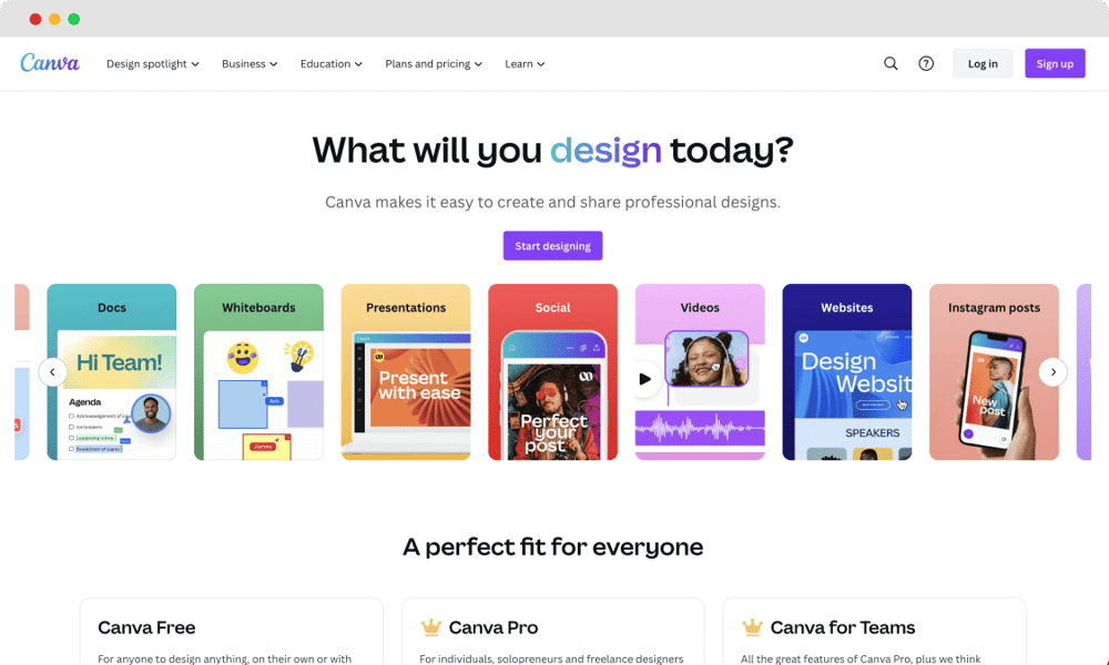 A página inicial do Canva