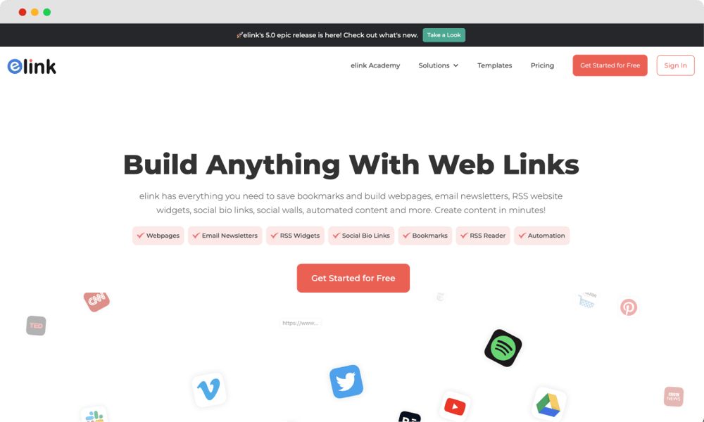 A página inicial do Elink.io